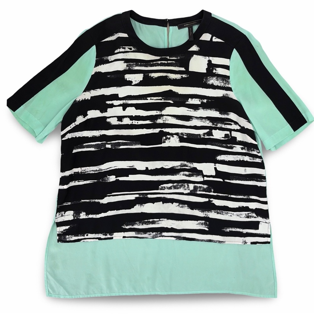 BCBGMaxAzria 100% Silk Black & Mint Green Graphic Stripe Block Top Size Large